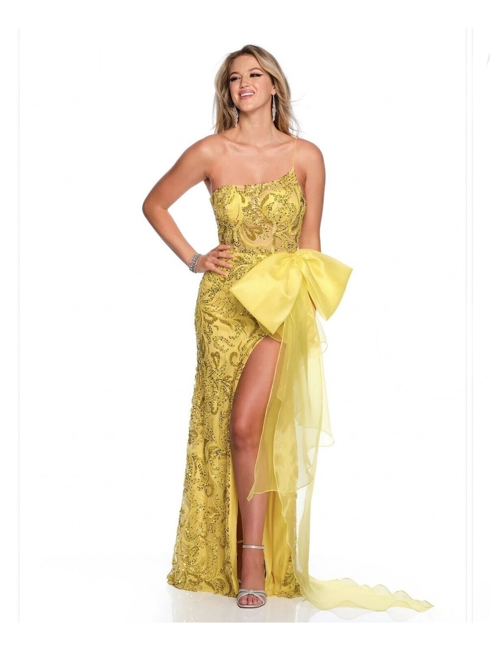 Yellow Beaded Mesh Fitted Prom Dress w/ Detachable Bow Asymmetrical Gown Size 4